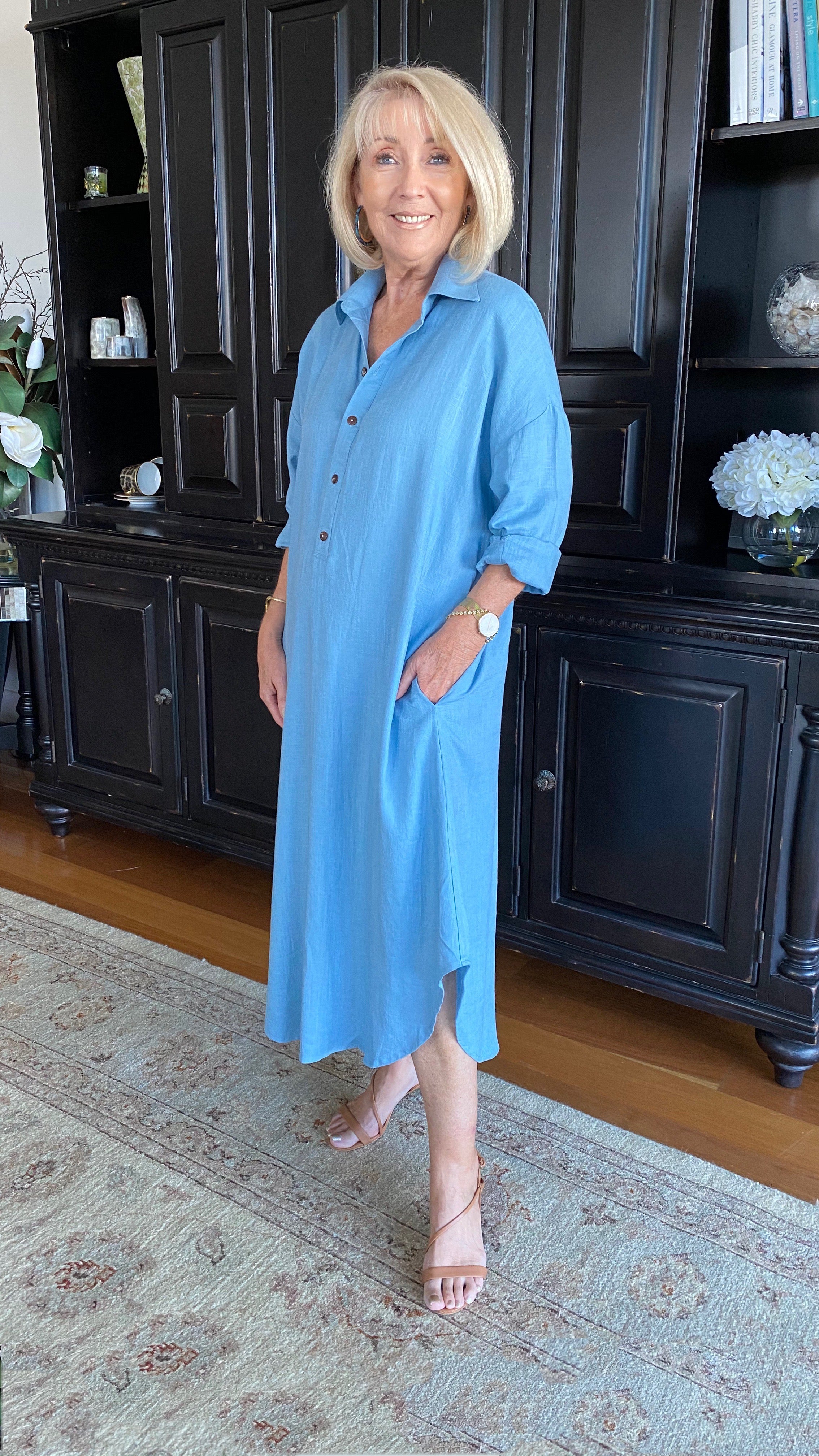 Linen Shirt Dress in Sky