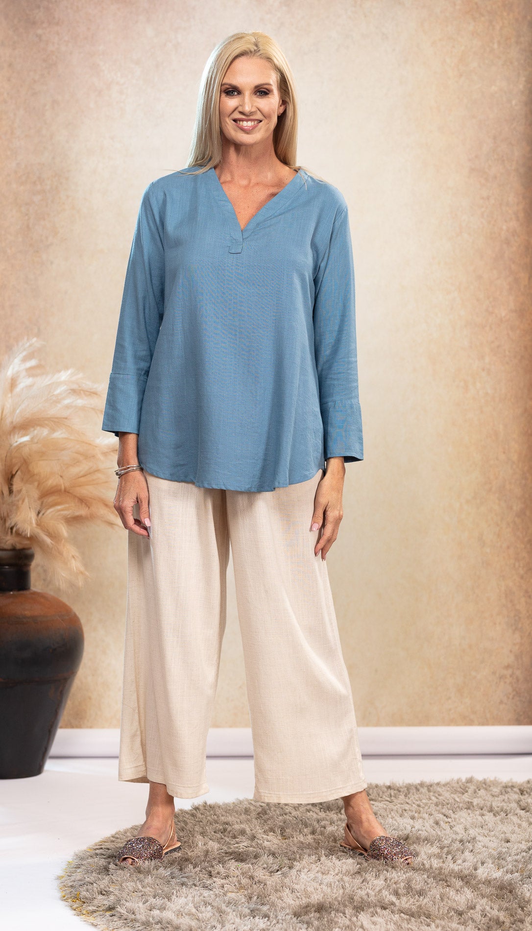 Linen V Neck Top in Sky freeshipping - White Amber the Label
