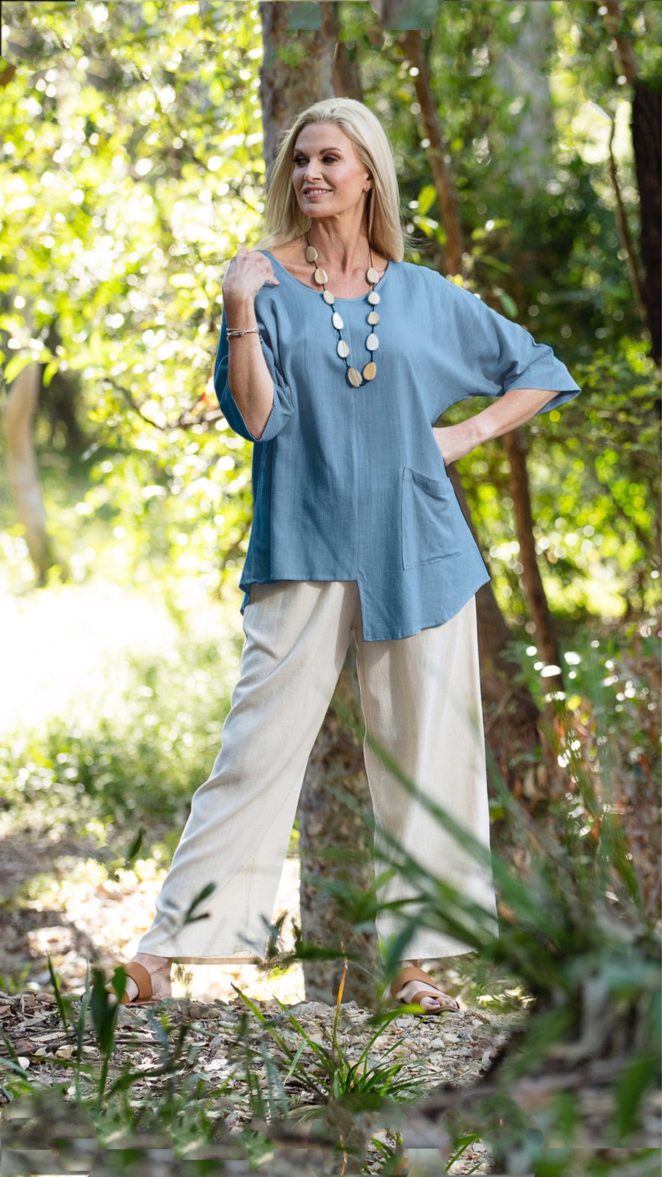 Geo Linen Top in Sky freeshipping - White Amber the Label