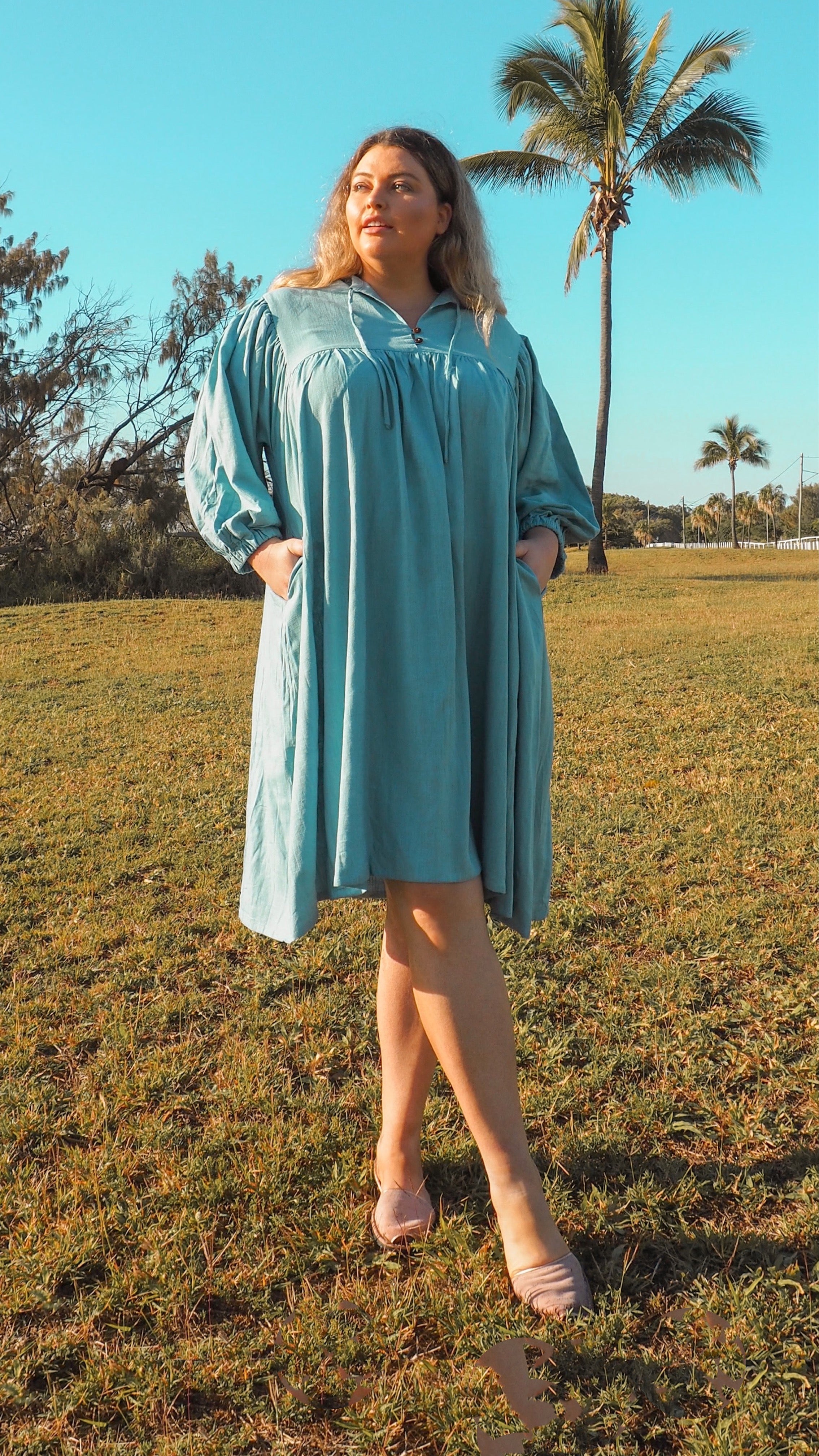 NEW Linen Faraway Dress in Sky freeshipping - White Amber the Label